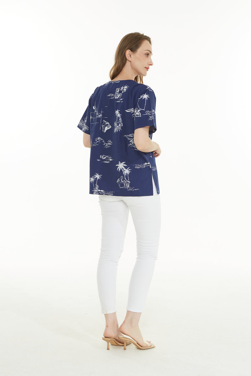 Hawaiian Print Scrub Top - Flamingo In Love Design With 2 Pockets