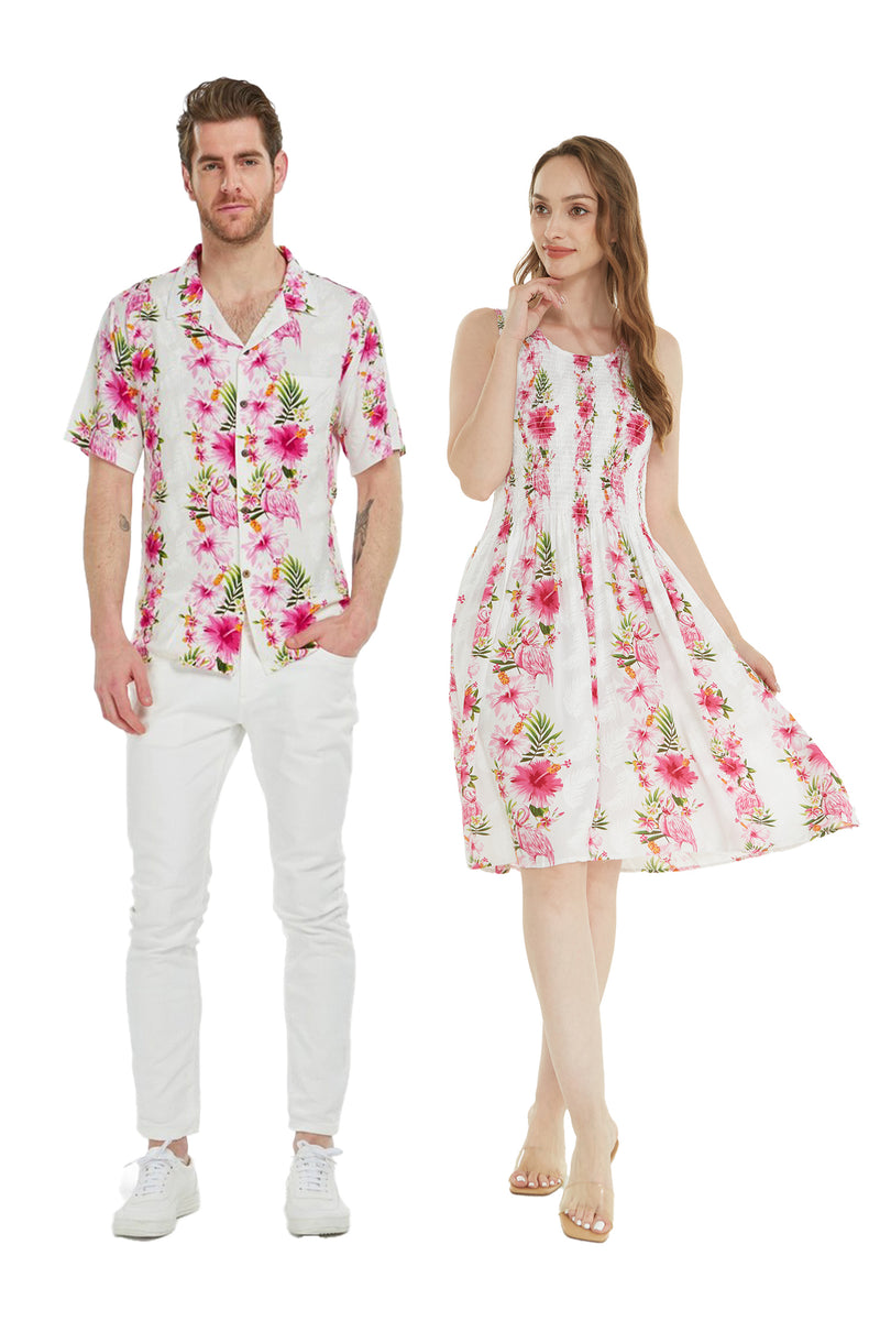 Matching Family Hawaiian Luau Outfits - Pink Hibiscus Vine Print Rayon Shirts For Men, Women & Kids