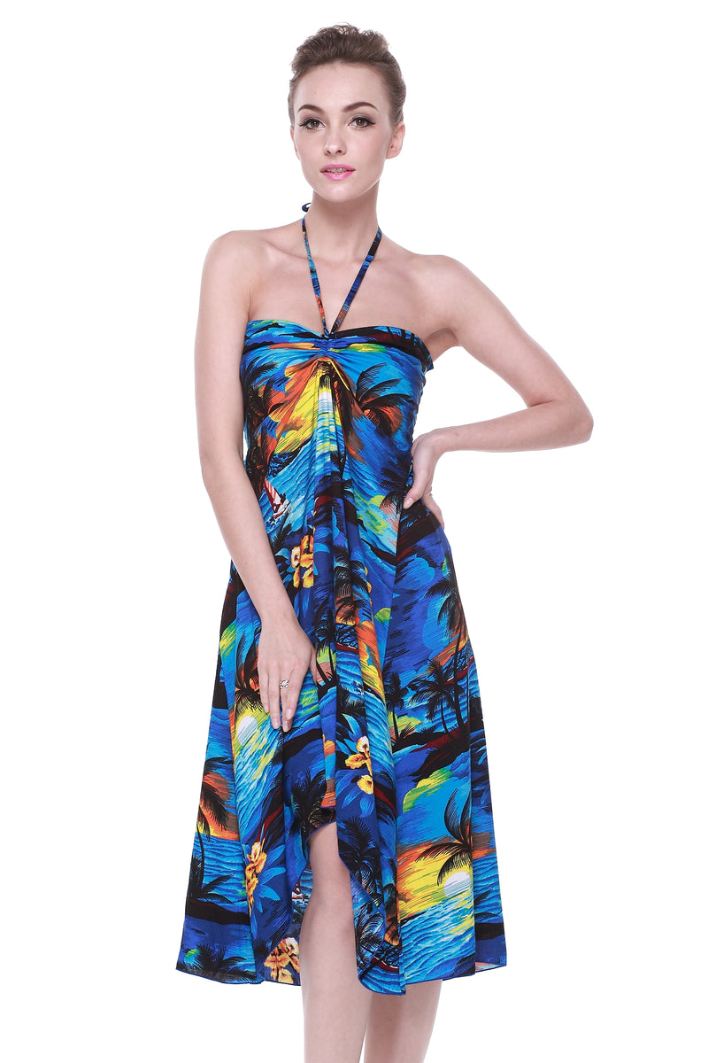 blue luau dress Blue Hawaii Long Maxi Rayon Hawaiian Dress Blue / L