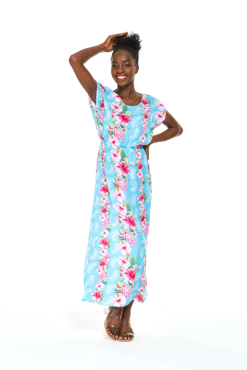 Women's Cap Sleeve Maxi Simple Dress Pink Hibiscus Vine Turquoise – Hawaii Hangover Women's Cap Sleeve Maxi Simple Dress Pink Hibiscus Vine Turquoise – Hawaii Hangover