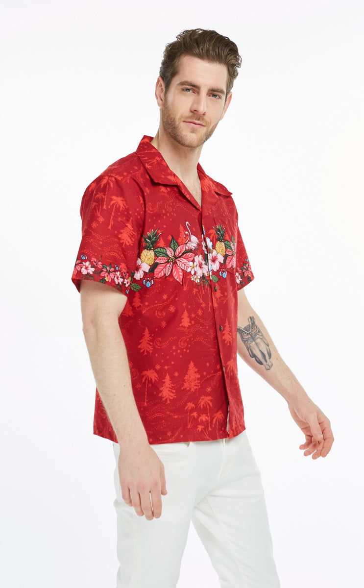 Hawaii Hangover Men's Hawaiian Shirt - Red Hibiscus Aloha Shirt With Coconut Buttons