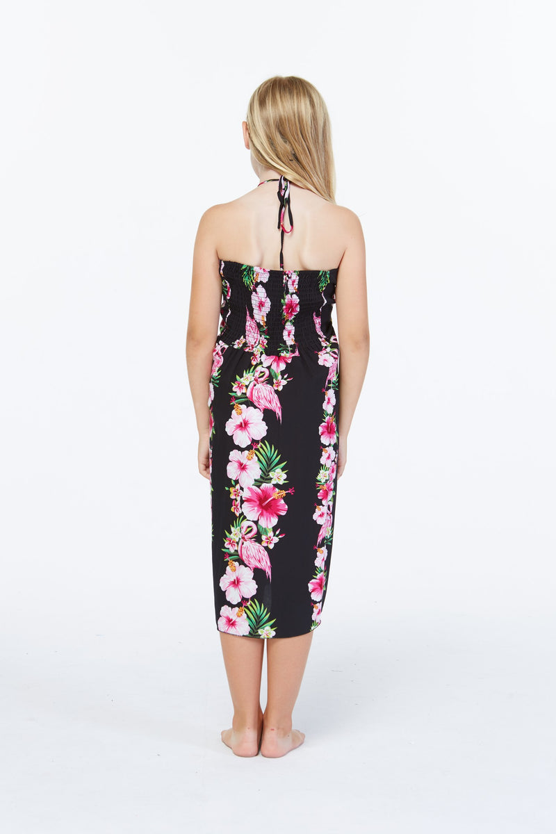 Hawaiian Halter Dress For Women - Black Rayon Tropical Print For Vacation & Luau Parties