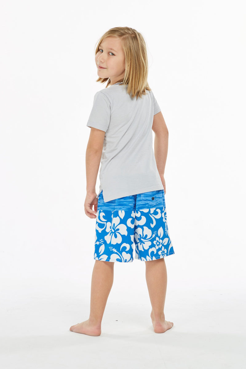 Boy Hawaiian Board Shorts in Vintage Hibiscus Blue Hawaii Hangover