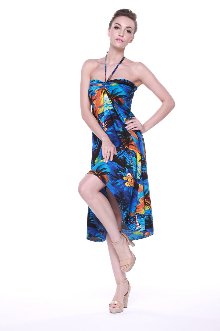 Hawaii Hangover Women's Hawaiian Butterfly Luau Dress in Sunset Blue XS, White
