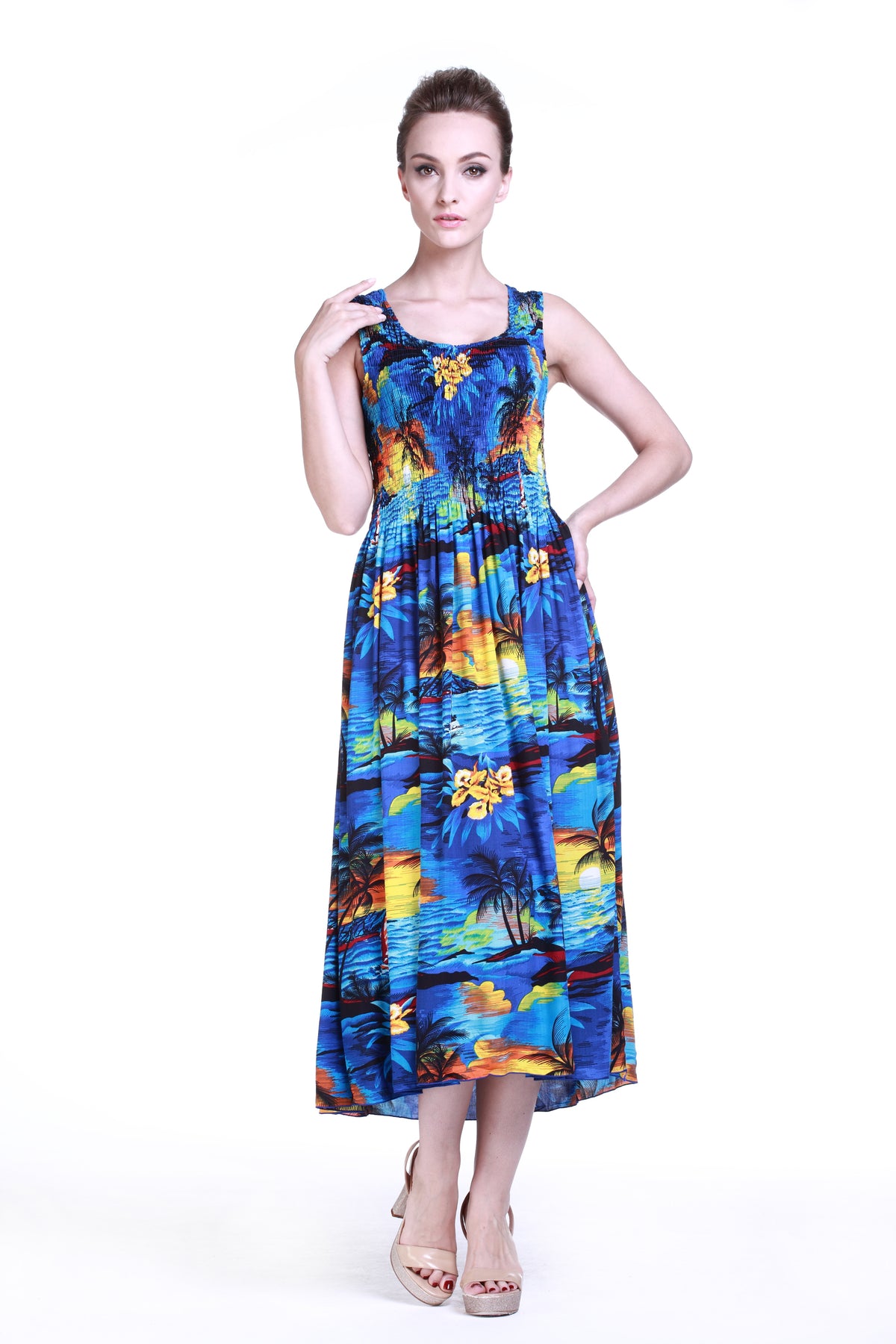 Women's Hawaiian Maxi Tank Elastic Luau Dress Sunset Blue – Hawaii Hangover