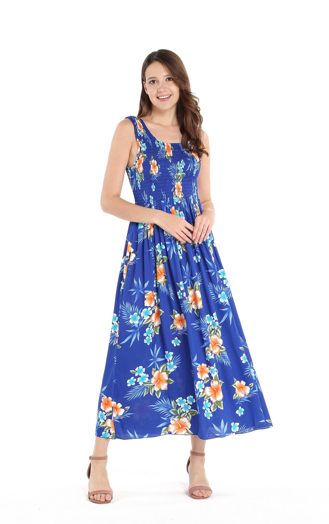 Women's Hawaiian Maxi Tank Elastic Luau Dress in Hibiscus Blue – Hawaii