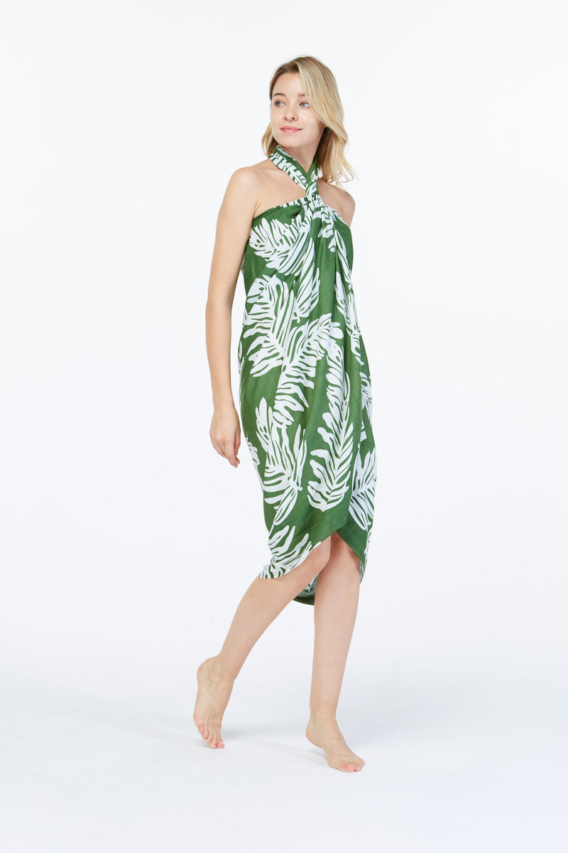 Hawaii Sarong Dress Swim Cover Up Beach Wear In Giant Palm Leaves Green