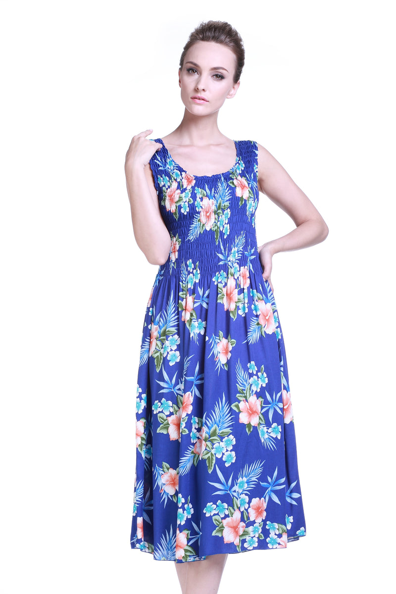 Women's Hawaiian Tank Elastic Luau Dress Hibiscus Blue Hawaii Hangover