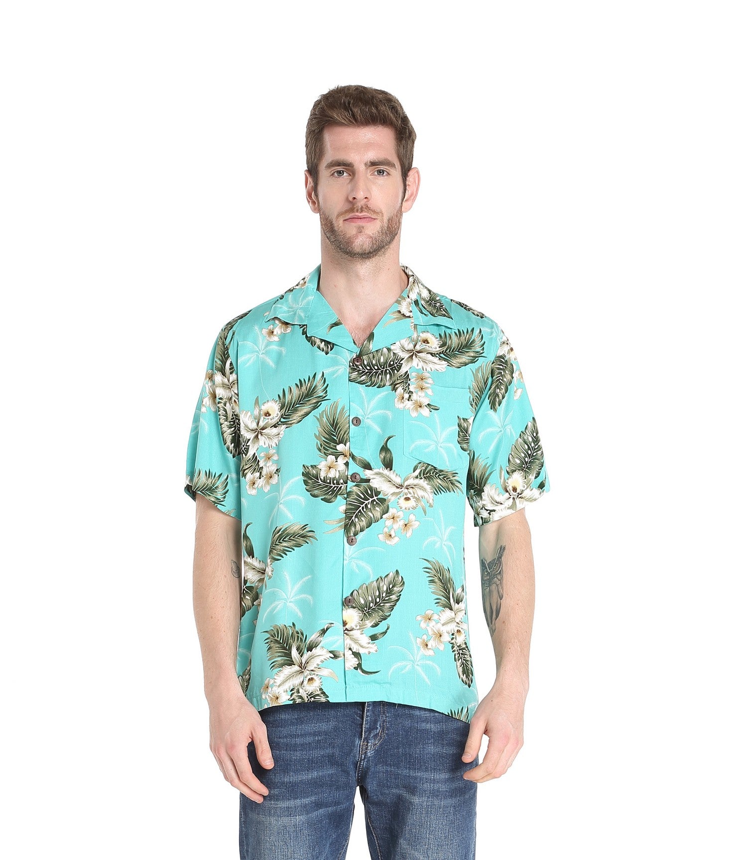 Men's Hawaiian Shirt Aloha Shirt 2XL Turquoise Orchid Palm – Hawaii ...
