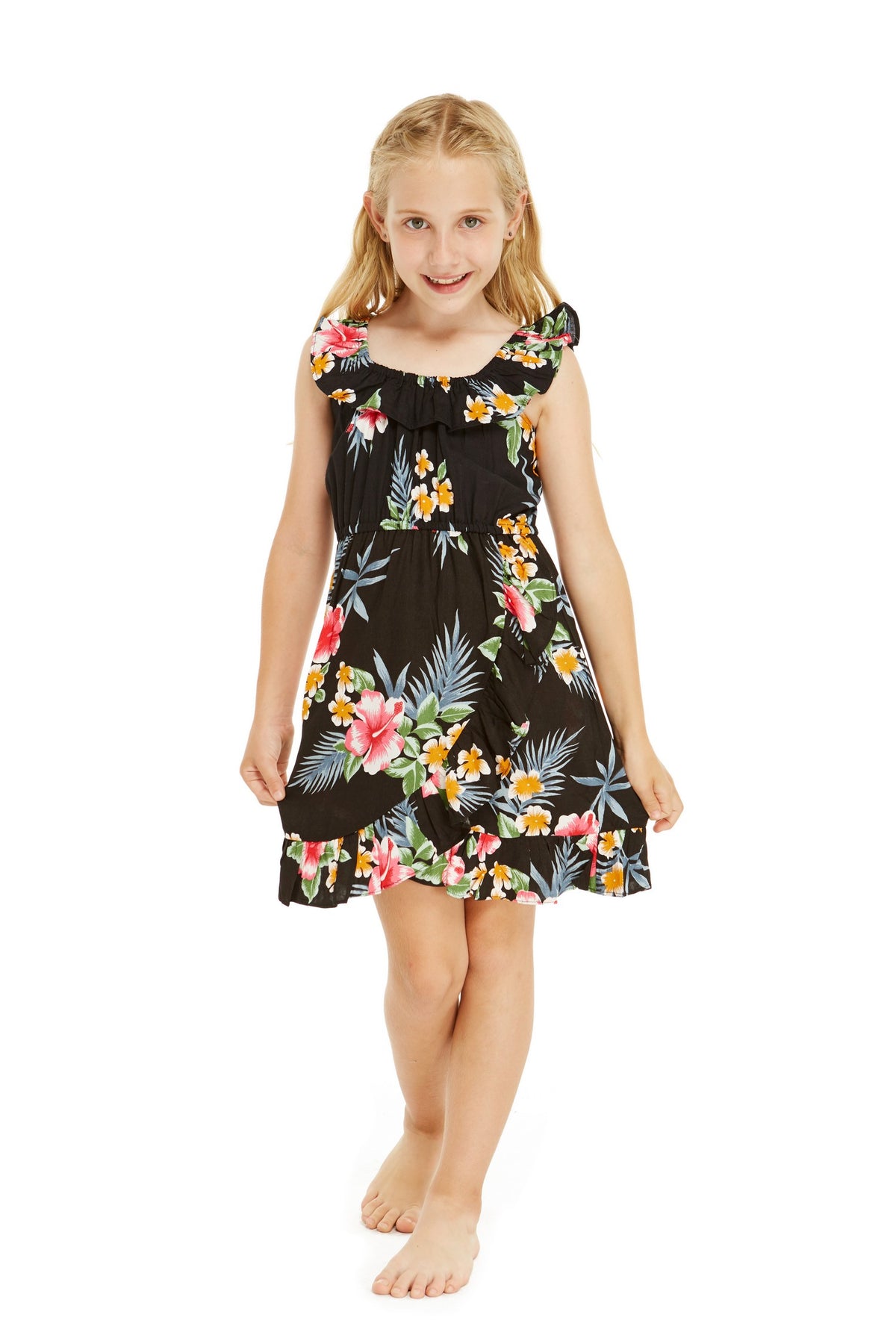 Girl Ruffle Wrap Hawaiian Luau Dress in Hibiscus Black Size 2 – Hawaii ...