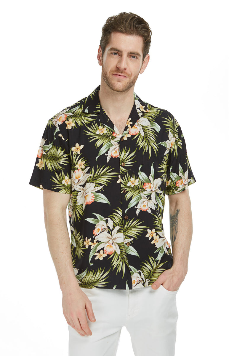 Made in Hawaii Men's Hawaiian Shirt Aloha Shirt Orchid Bouquet in Black ...