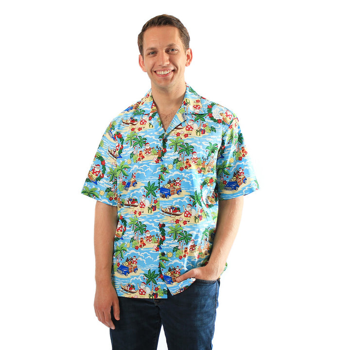 Men's Hawaiian Christmas Shirt – Santa & Surf Print, Navy