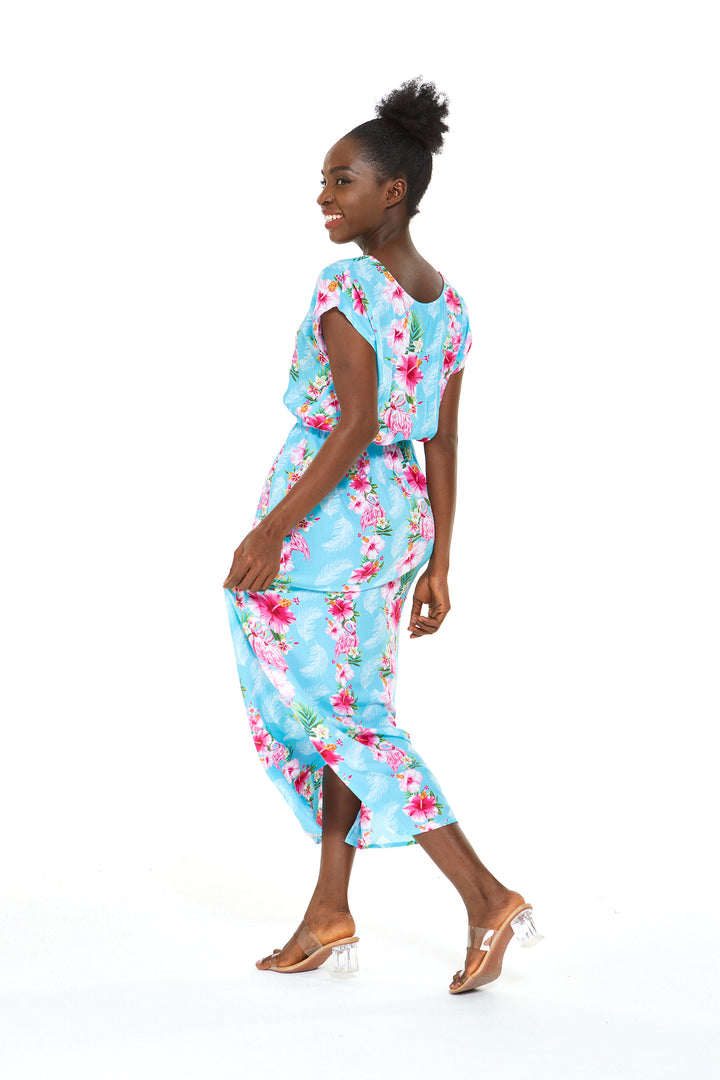 pink hibiscus dress Women's Cap Sleeve Maxi Simple Dress Pink Hibiscus Vine Turquoise XL