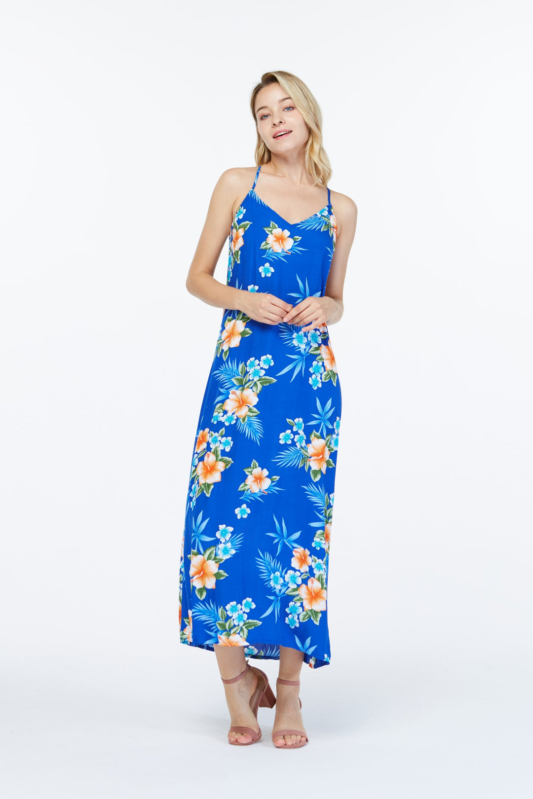 blue luau dress Women's Hawaiian Maxi Ruffle Luau Dress Blue Sunset at Amazon Women's Clothing store