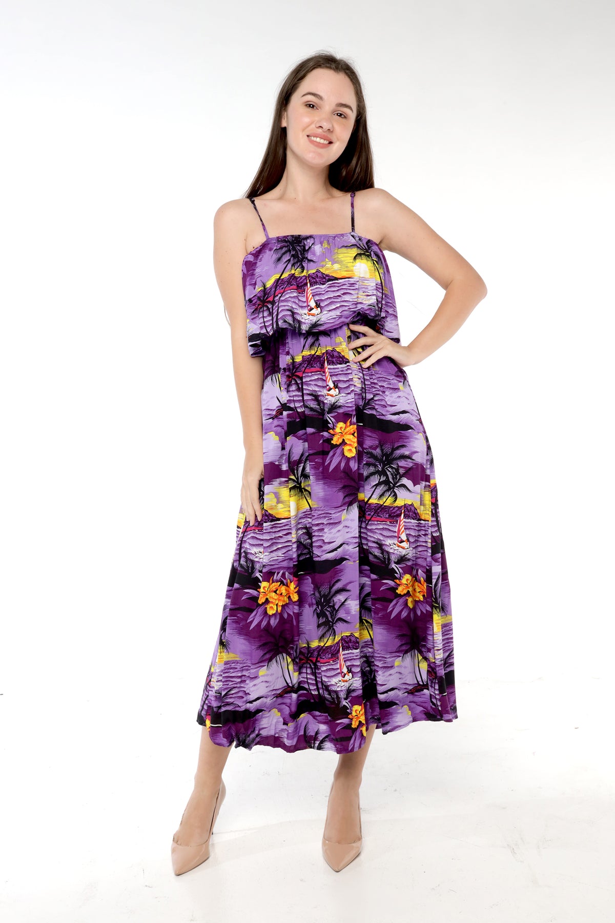 Women's Charming Muumuu Dress in Sunset Purple One Size Women's Charming Muumuu Dress in Sunset Purple One Size