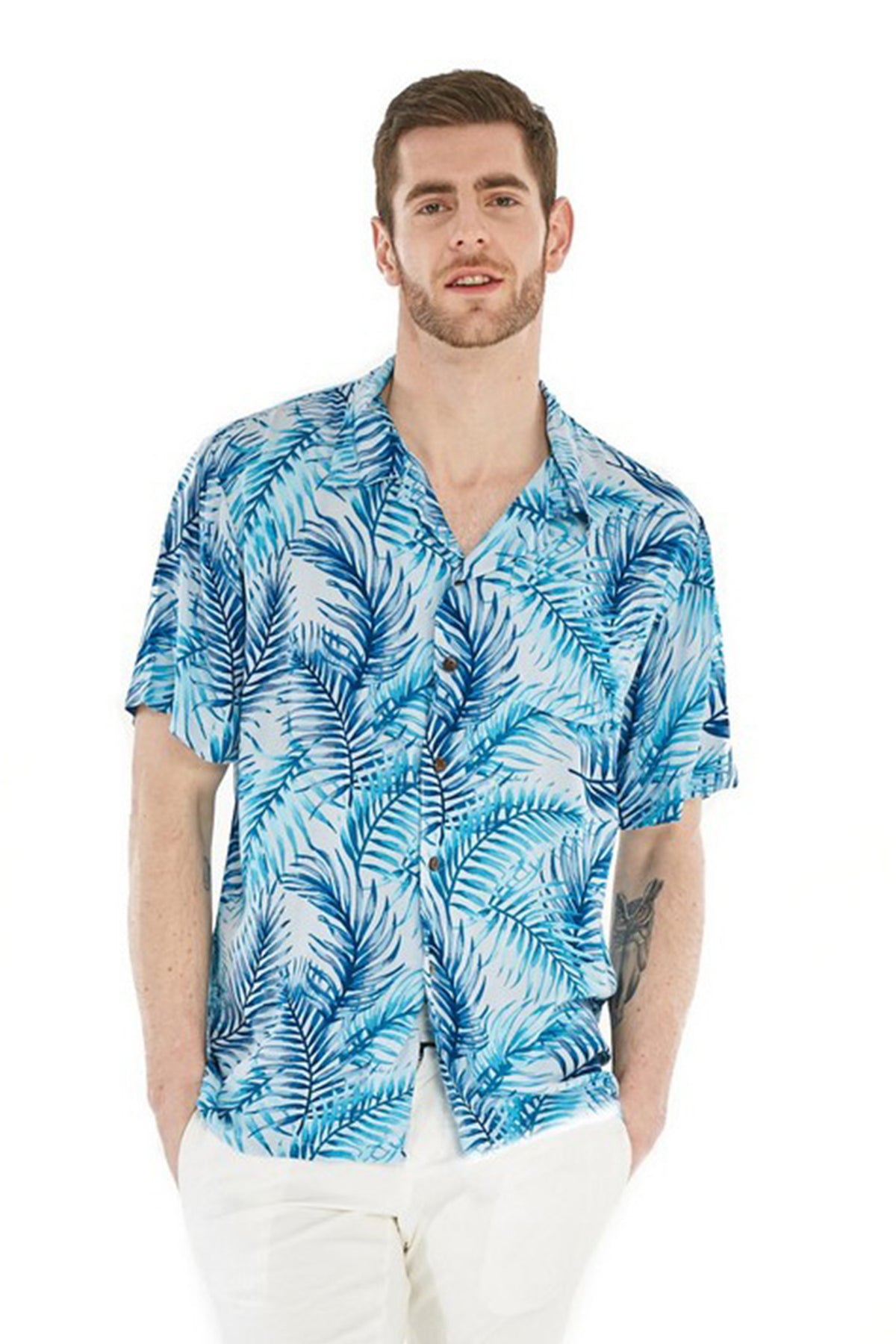Hawaii Hangover Men's Hawaiian Shirt Aloha Shirt 2XL Simply Blue Leaves