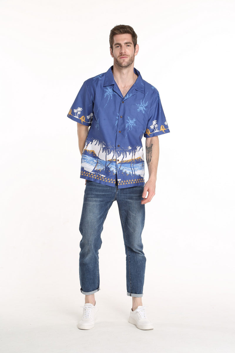 Hawaii Hangover Men's Hawaiian Shirt - 100% Rayon Aloha Shirt, Simply Blue Leaves Print