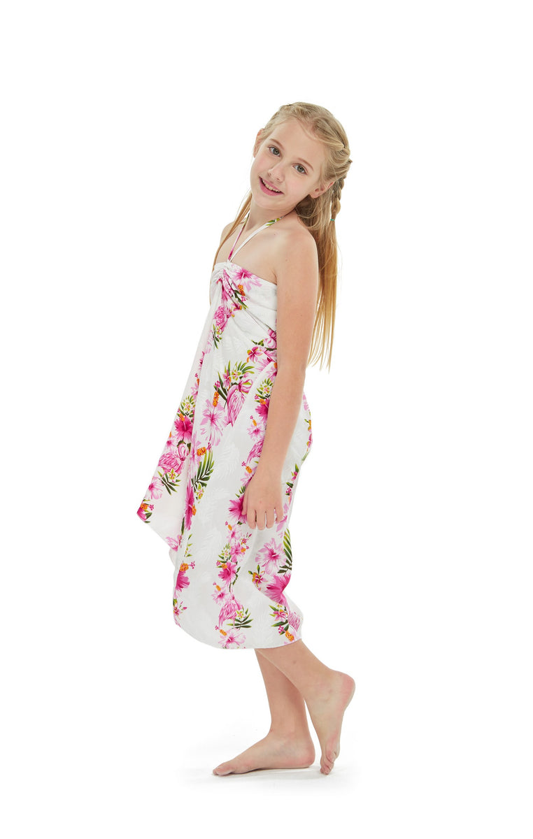 Cotton White Girl's Hawaiian Dress with Pink Hibiscus