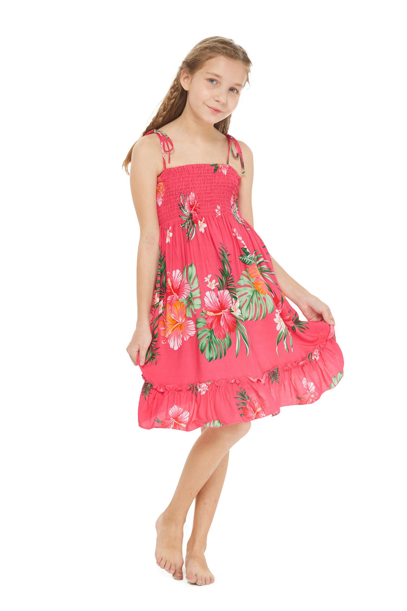 Girl Elastic Top Strap Dress in Pretty Tropical Hot Pink – Hawaii Hangover