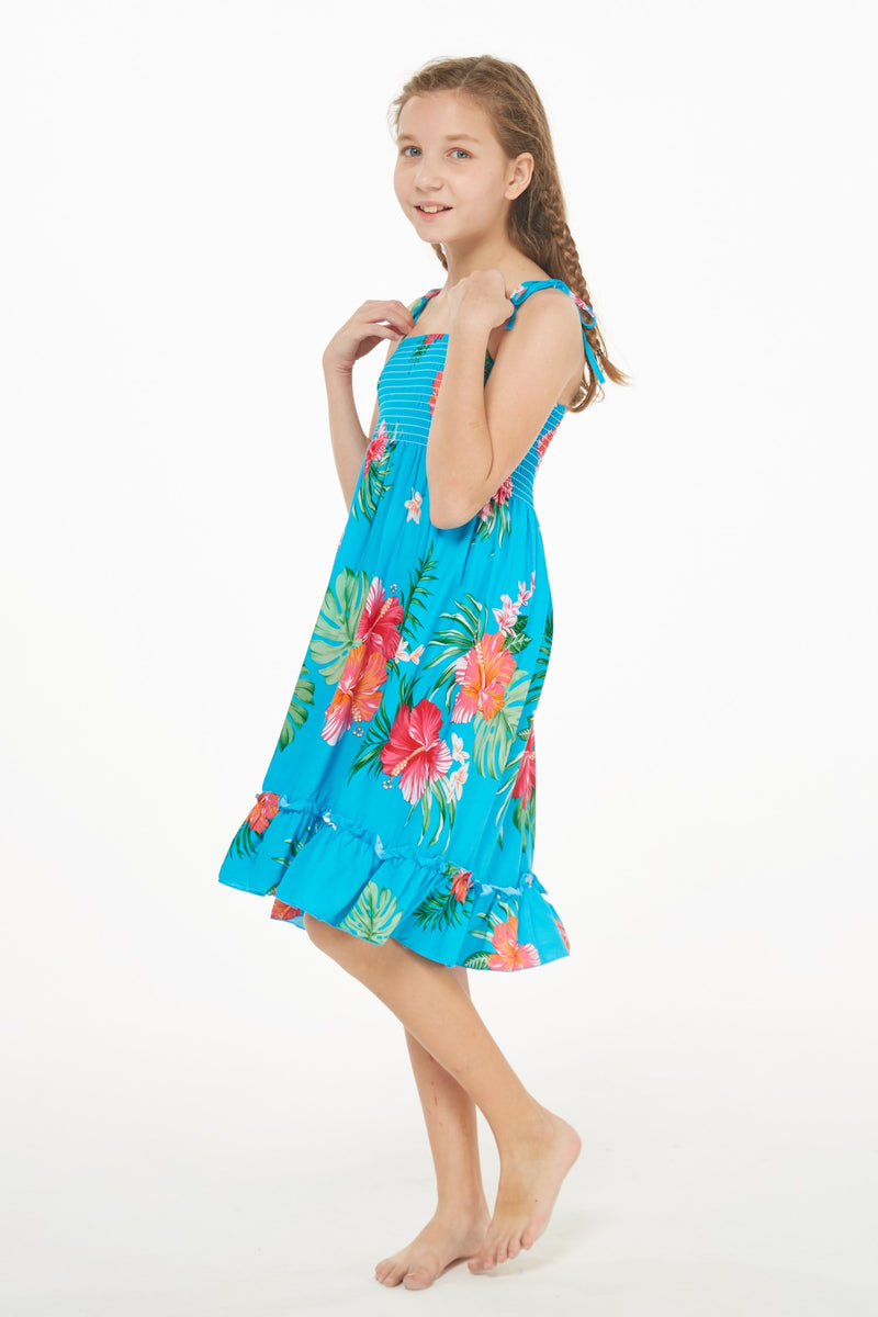 Girl Elastic Top Strap Dress in Pretty Tropical Turquoise – Hawaii Hangover