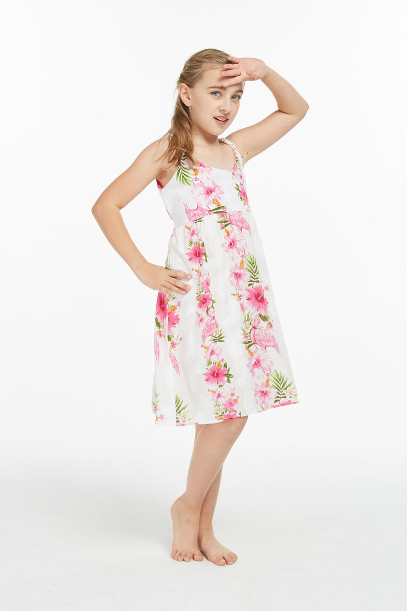 Hawaii Hangover Girl's Flamingo Print Dress - 100% Cotton, Elastic Strap, Size 8, White - View #8
