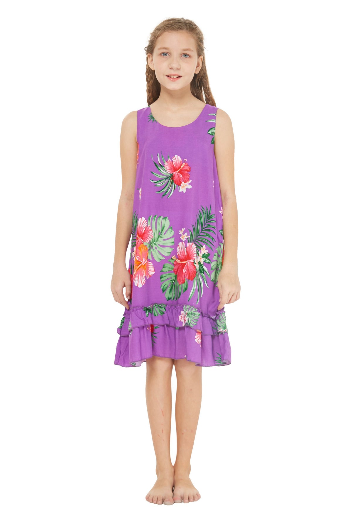 Girl Hawaiian Tank Ruffle Edge Dress in Pretty Tropical in Purple Size ...