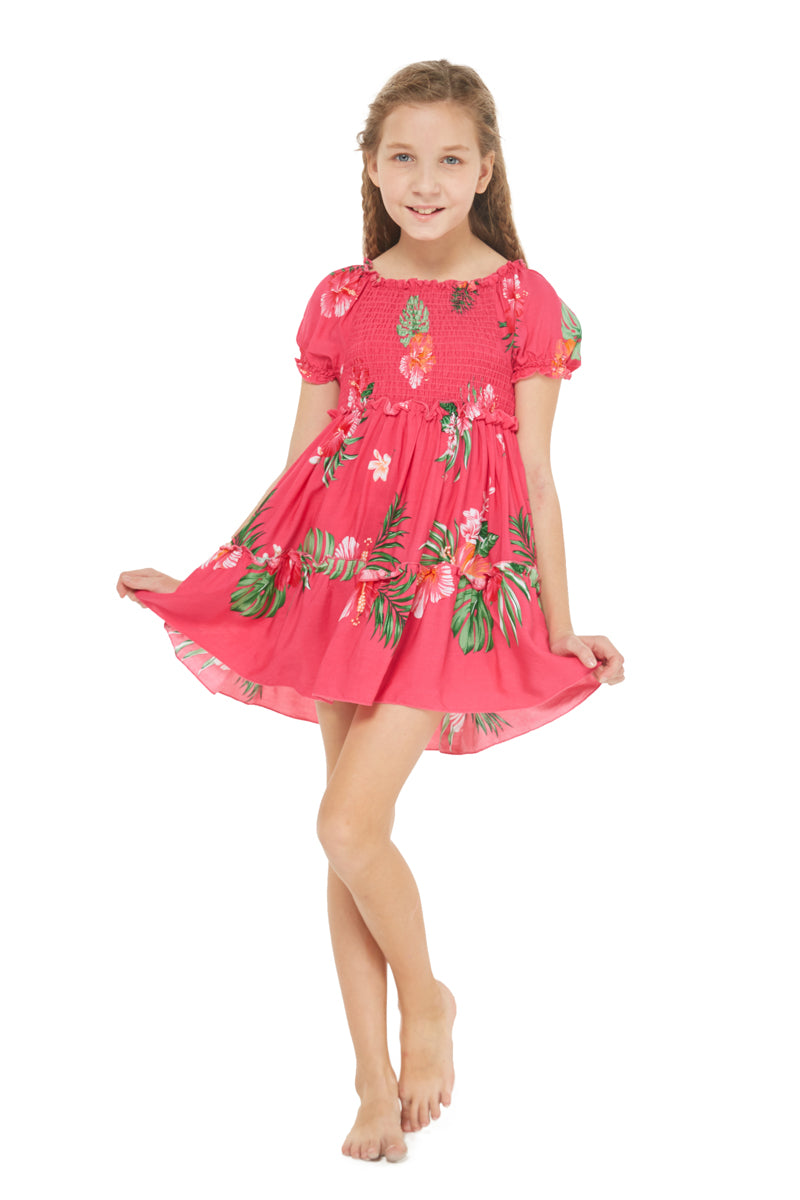 Girl Hawaiian Tank Ruffle Edge Dress in Pretty Tropical in Hot Pink ...