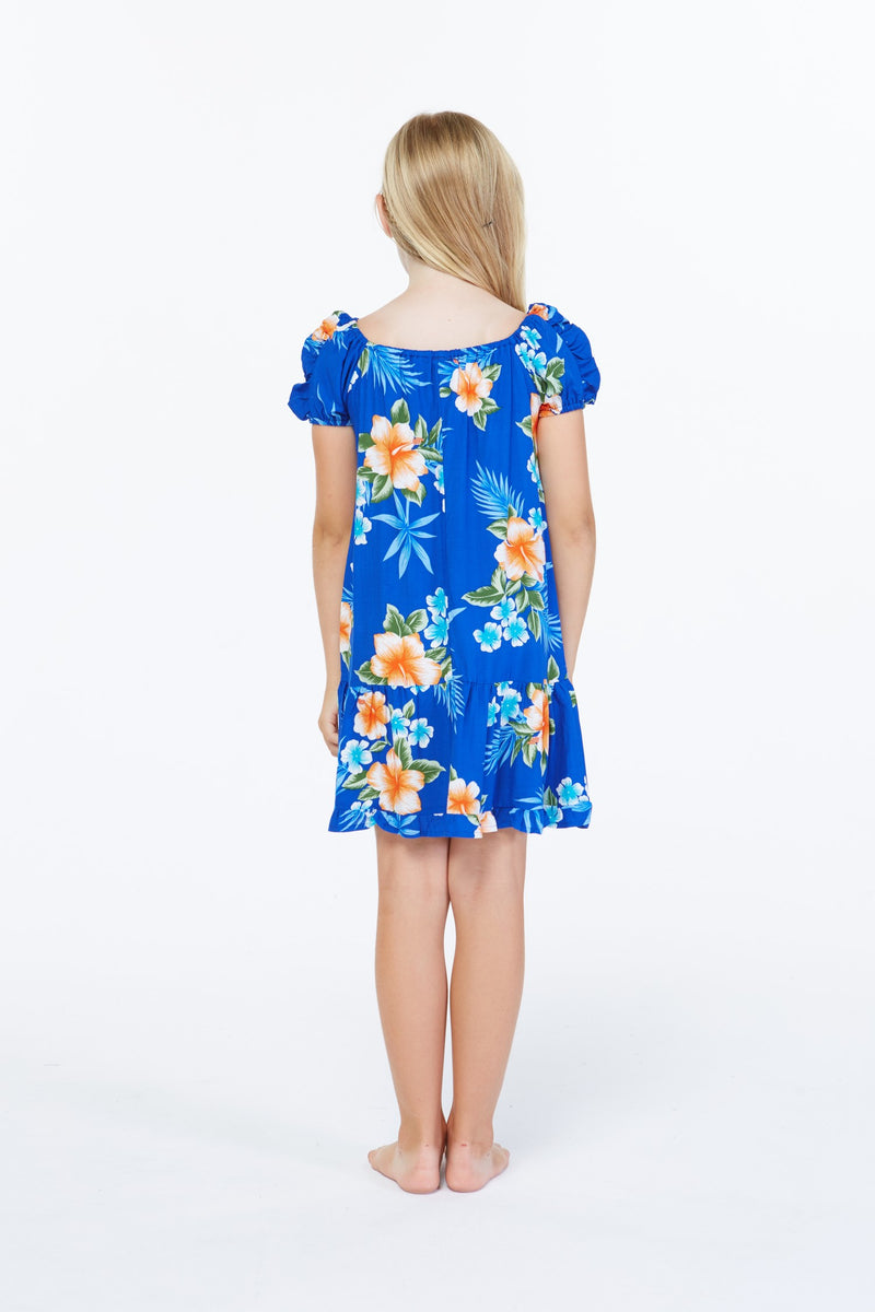 Girl's Hawaiian Muumuu Dress - Sandy Beach Ruffle Short Sleeve Dress With Tropical Print For Kids