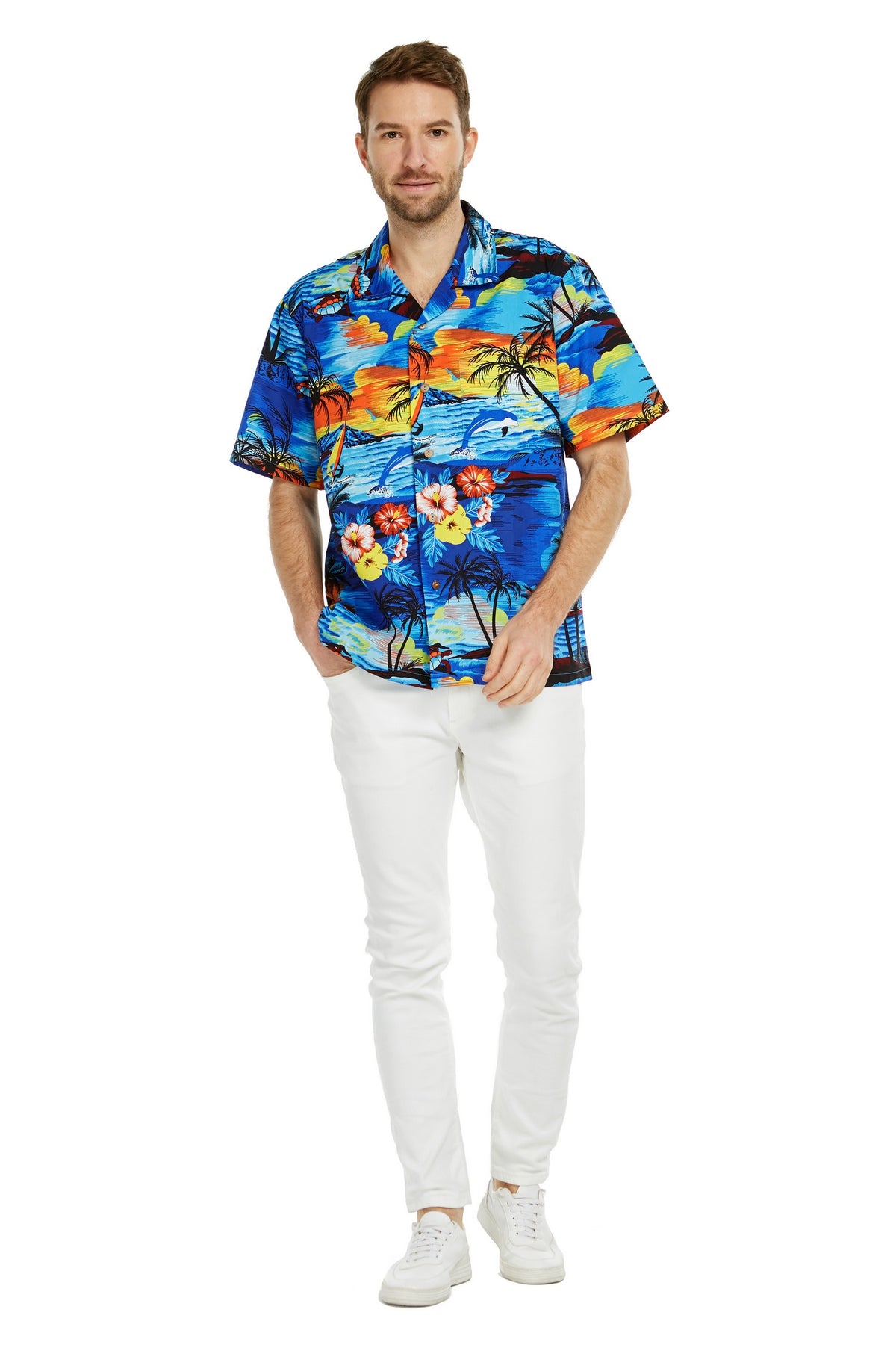 Hawaii Hangover Hawaiian Shirt Aloha Shirt in Sunset with Dolphin Blue 2XL