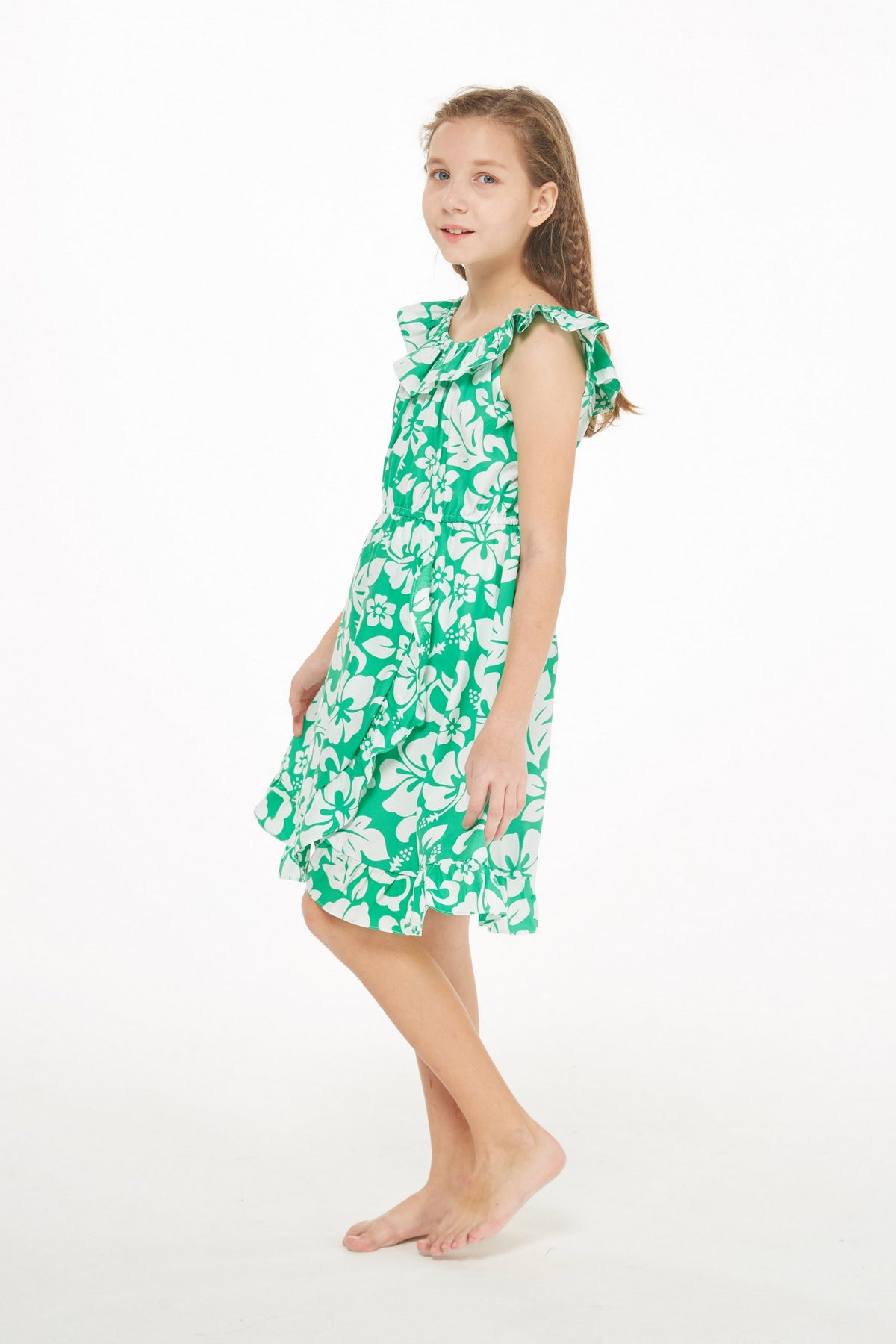 Girl Luau Wrap Ruffle Dress in Classic Green Hibiscus 2 – Hawaii Hangover