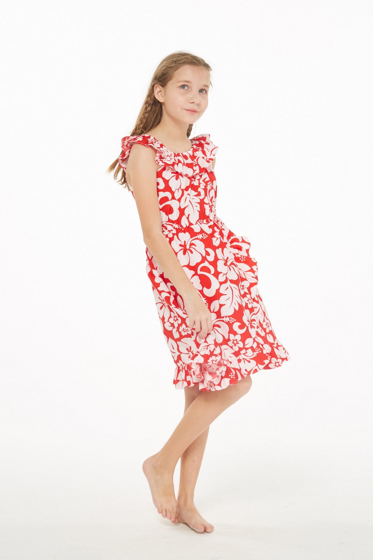 Girl Luau Wrap Ruffle Dress in Classic Red Hibiscus 2 – Hawaii Hangover