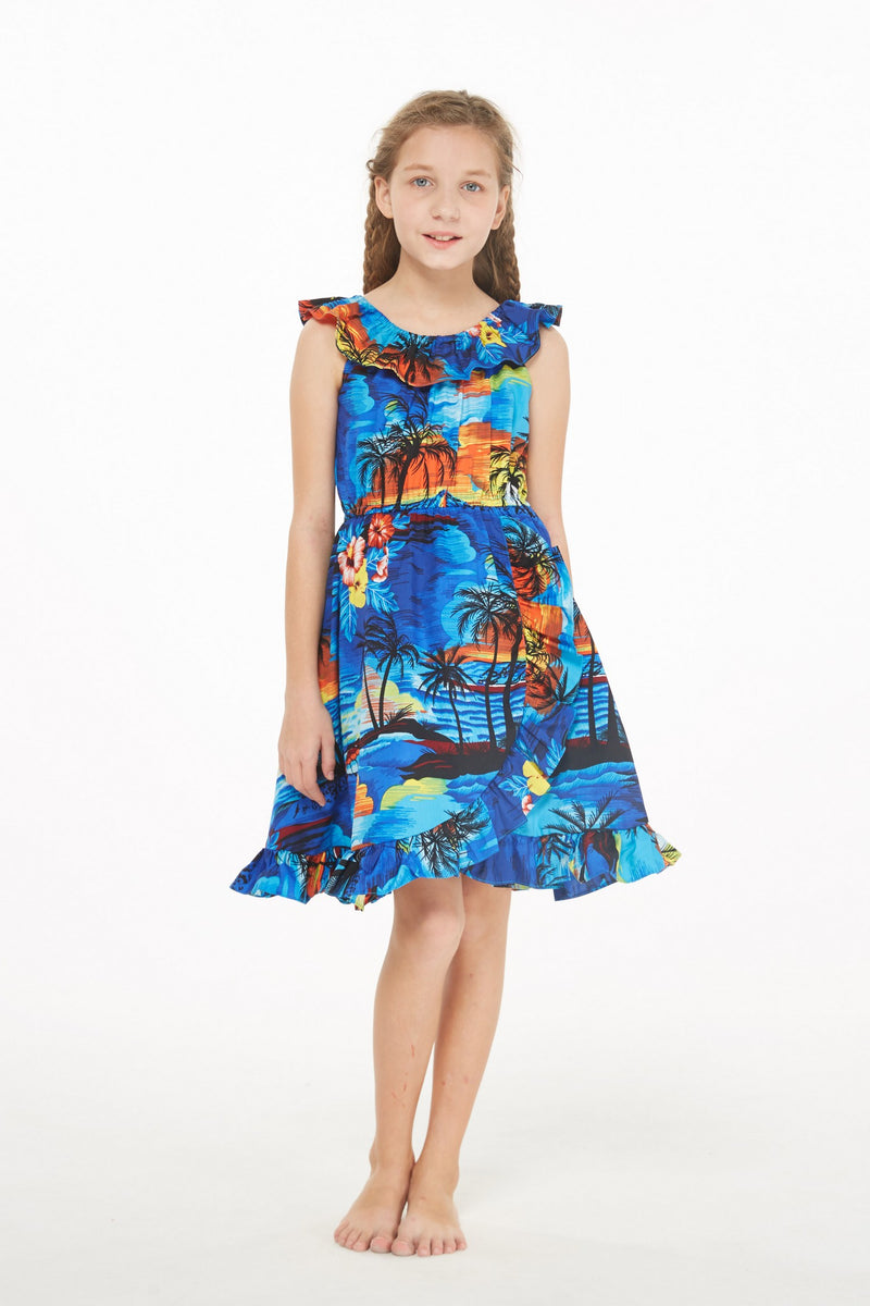 Girl Luau Wrap Ruffle Dress in Sunset and Dolphin Blue 2 – Hawaii Hangover